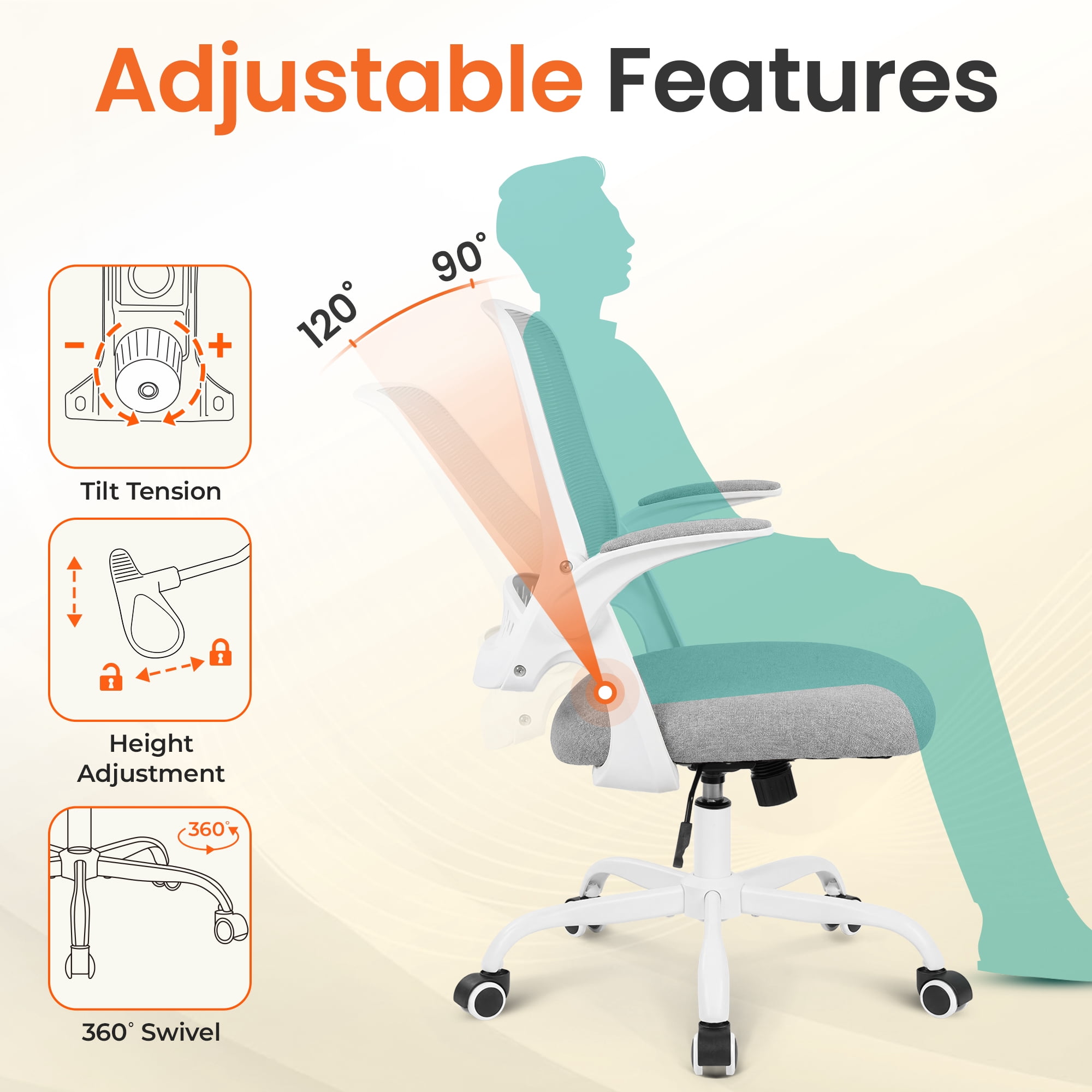 NEO CHAIR Office Chair Gaming Desk Computer Mesh Ergonomic Chair with Flip-up Arms Comfy Lumbar Support Adjustable Height Rolling Wheels Chair for Home Office (Grey)
