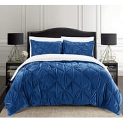 Pleated Sherpa Comforter Set 3-Piece Reversible Comforter Set Full/Queen Navy Blue