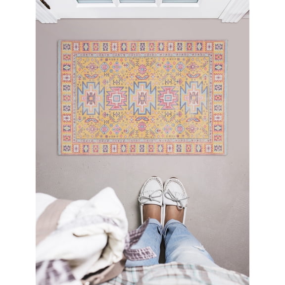 Contemporary Home Living 2' x 3' Geometric Medallion Rectangular Area Throw Rug - Yellow and Cream