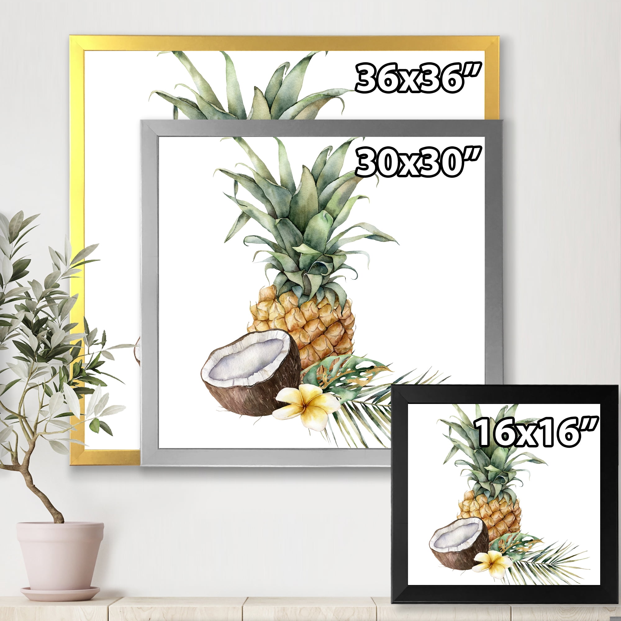Designart 'Pineapple With Plumeria Coconut and Palm Leaves' Traditional Framed Art Print