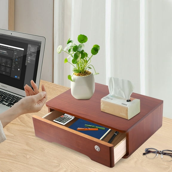 Modern Walnut Color Desktop Storage Box, Desktop Storage Box with Lockable Drawer, Office Supplies Drawer Organizer