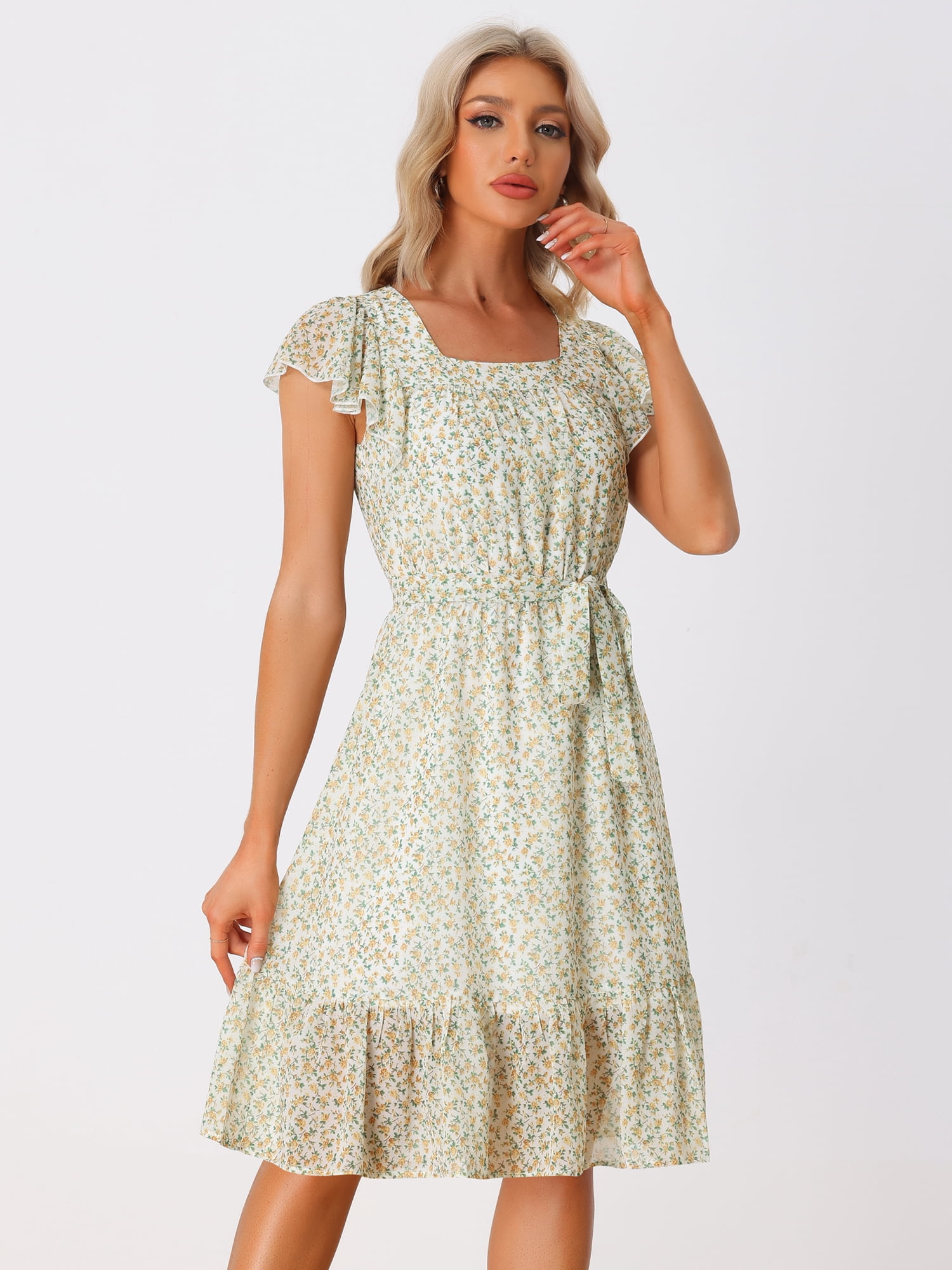 DARING DIVA Square Neck Flutter Sleeve A-Line Midi Dress L White Yellow