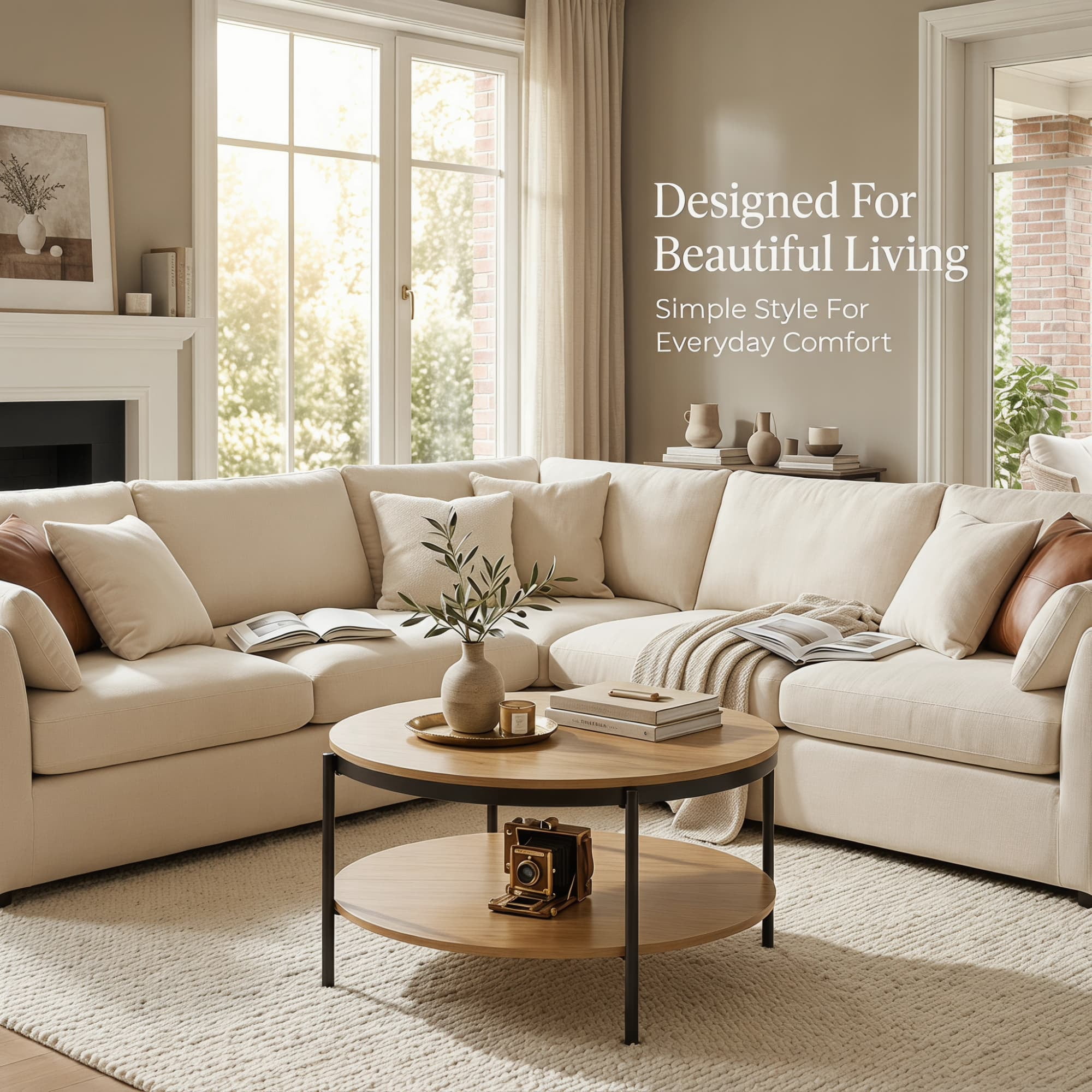 Manxile Round Coffee Table with Storage Shelf, Wooden Circle Center Table for Living Room Home Office, Natural