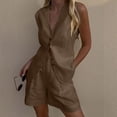 thumbnail image 4 of Uootdi Women's 2 Piece Matching Lounge Set Sleeveless V Neck Button Down Vest High Waist Pleated Linen Shorts Set with Pockets, 4 of 6