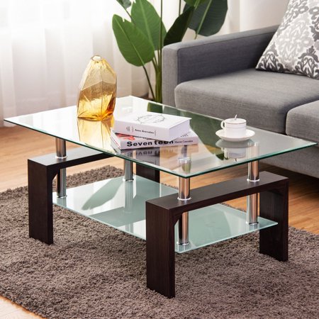 Costway Rectangular Wood Tempered Glass Top Coffee Table w ...