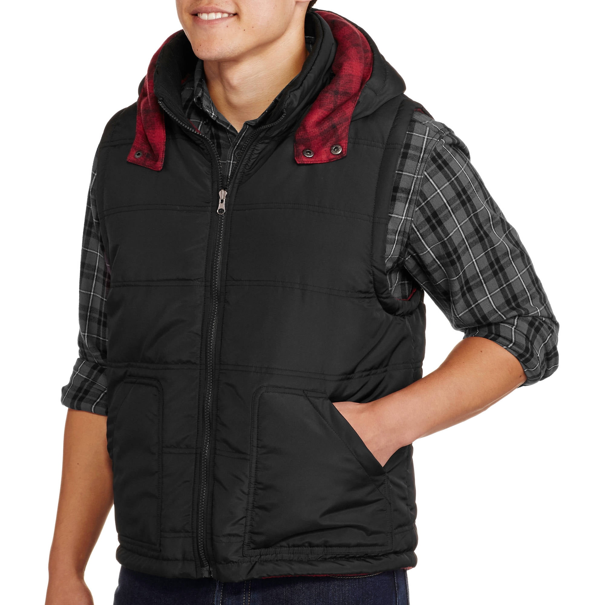 Hooded Double Ted Fleece Pea Coat Plus Size Berber Red Black Plaid Hooded Pea Coat