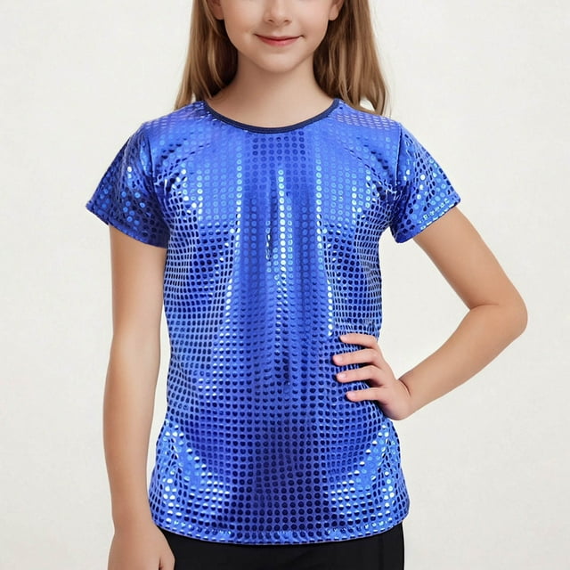 Children's Performance Outfit Sequin Short Sleeved T-shirt Round Neck Elastic