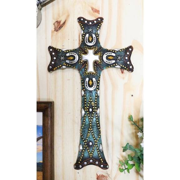 Rustic Western Turquoise Faux Leather Horseshoes Silver Gold Studs Wall Cross