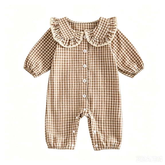 eczipvz Infant Baby Girl Outfit Peter Pan Collar Long Sleeve Button Up Gingham Romper One Piece Jumpsuit Newborn Fall Clothes 12-18 Months