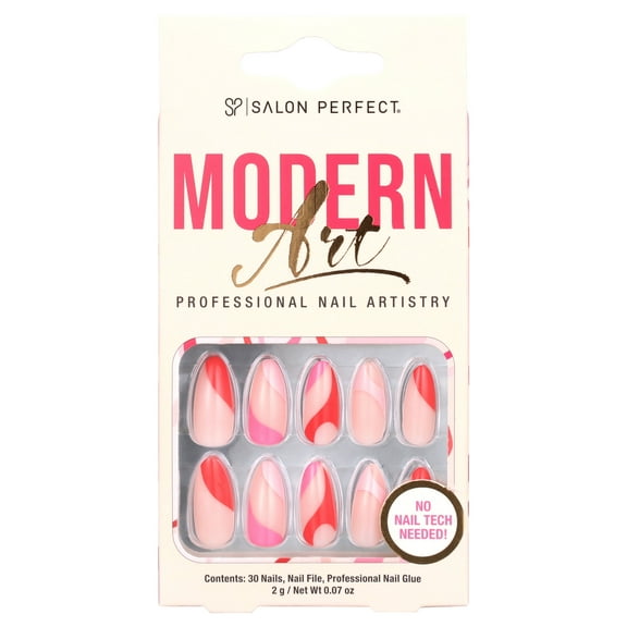 Salon Perfect Artificial Press on Nails, 139 Modern Art Pink Swirl, Medium Almond Glue On Fake Nails, File & Glue Included, 30 Nails
