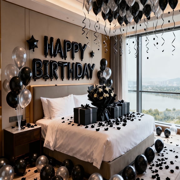 251PCS Black Happy Birthday Balloon Set - 16Inch Letter Balloons & 18Inch Heart Foil Balloons for Birthday Party Room Decor