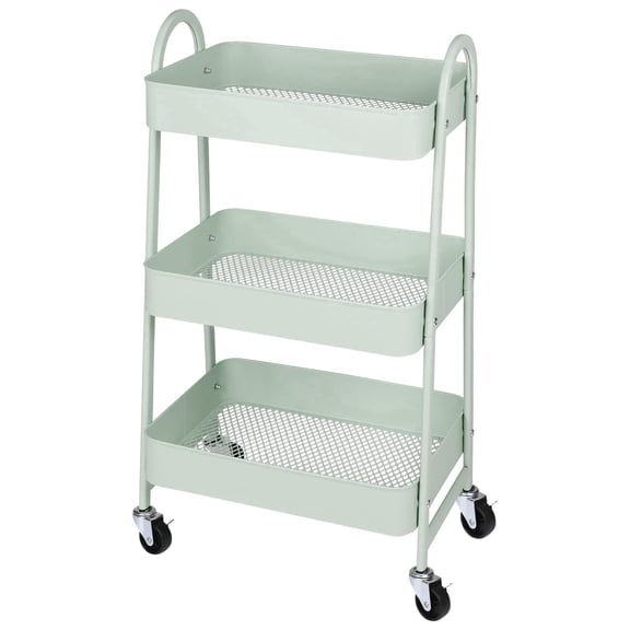 CONCETTA 3-Tier Metal Utility Rolling Cart, Storage Organizer Trolley with Mesh Baskets and Lockable Wheels for Living Room, Office, Green