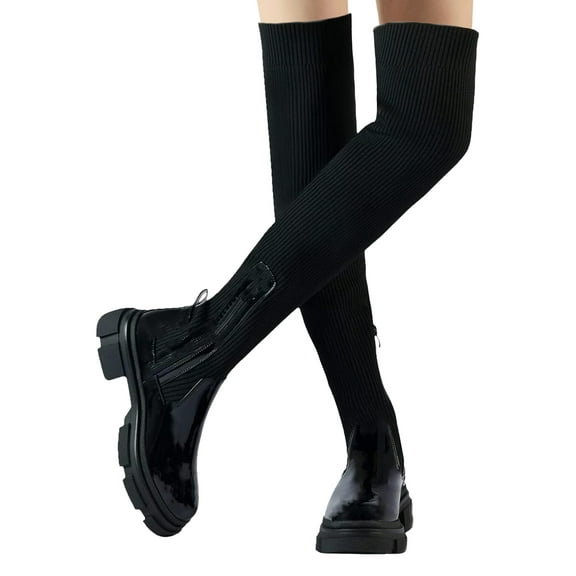 Women Over The Knee Thigh Low Chunky Heel Boots Round Toe Side Zip Knit Sock Long Boot Platform Thigh High Boots Ladies Wide Calf Knee High Boots