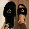 thumbnail image 2 of Xfvqtps Fuzzy Slippers for Women Love Decor Fake Fur Open Toe Soft Sole Slide House Slippers for Indoor Bedroom Furry Slipper for Winter Fall Black, 2 of 6