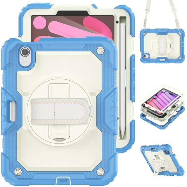 Case for iPad Mini 7 A17 Pro 2024/Mini 6 2021 8.3 Inch 7th/6th Gen with Screen Protector, 360 Degree Rotating Kickstand Hand Strap Shockproof Cover with Shoulder Strap, Cream Navy