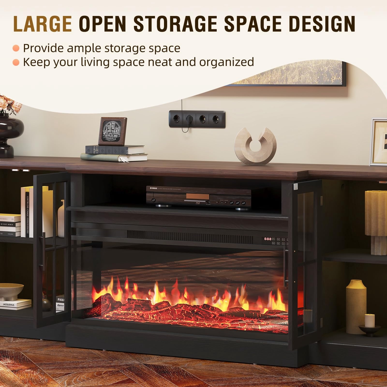 Sunmthink Farmhouse TV Stand with 36" Fireplace for TVs up to 90", 87" Media Entertainment Center with Adjustable Shelves and Large Storage Cabinets, for Living Room, Black