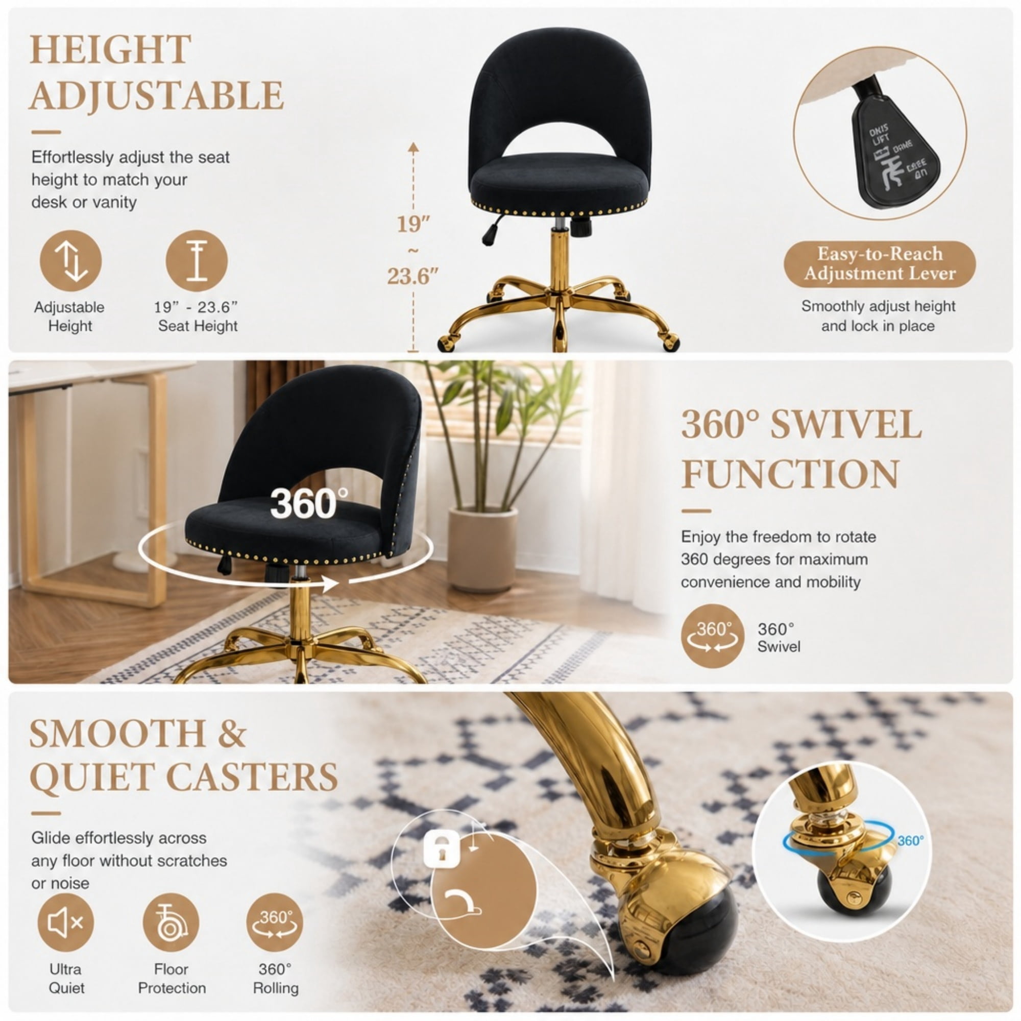 Ktaxon Office Desk Chair Adjustable Flannel Computer Task Chair Small Rolling Vanity Stool with Wheels for Study Make-up Dressing Black