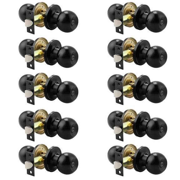 knobelite (10 Packs) Bed / Bath Room Round Door Knob, Privacy Function for Bathroom / Bedroom, Interior Door Door Lock Handle Black Finish, Keyless (Thumb Turn Lock on The Inside) Door Handles Locks
