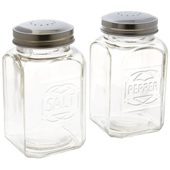 Home Essentials & Beyond Salt and Pepper Shakers Set of 2 Clear Glass Salt and Pepper Shaker Holders with Stainless Steel Lids.