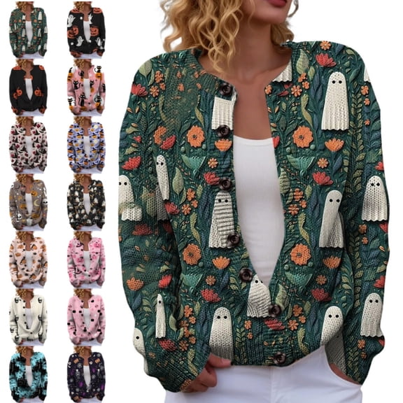 longantii Halloween Knit Sweater for Women Button Front Long Sleeve Ghost Pumpkin Print Lightweight Casual Party Cardigan
