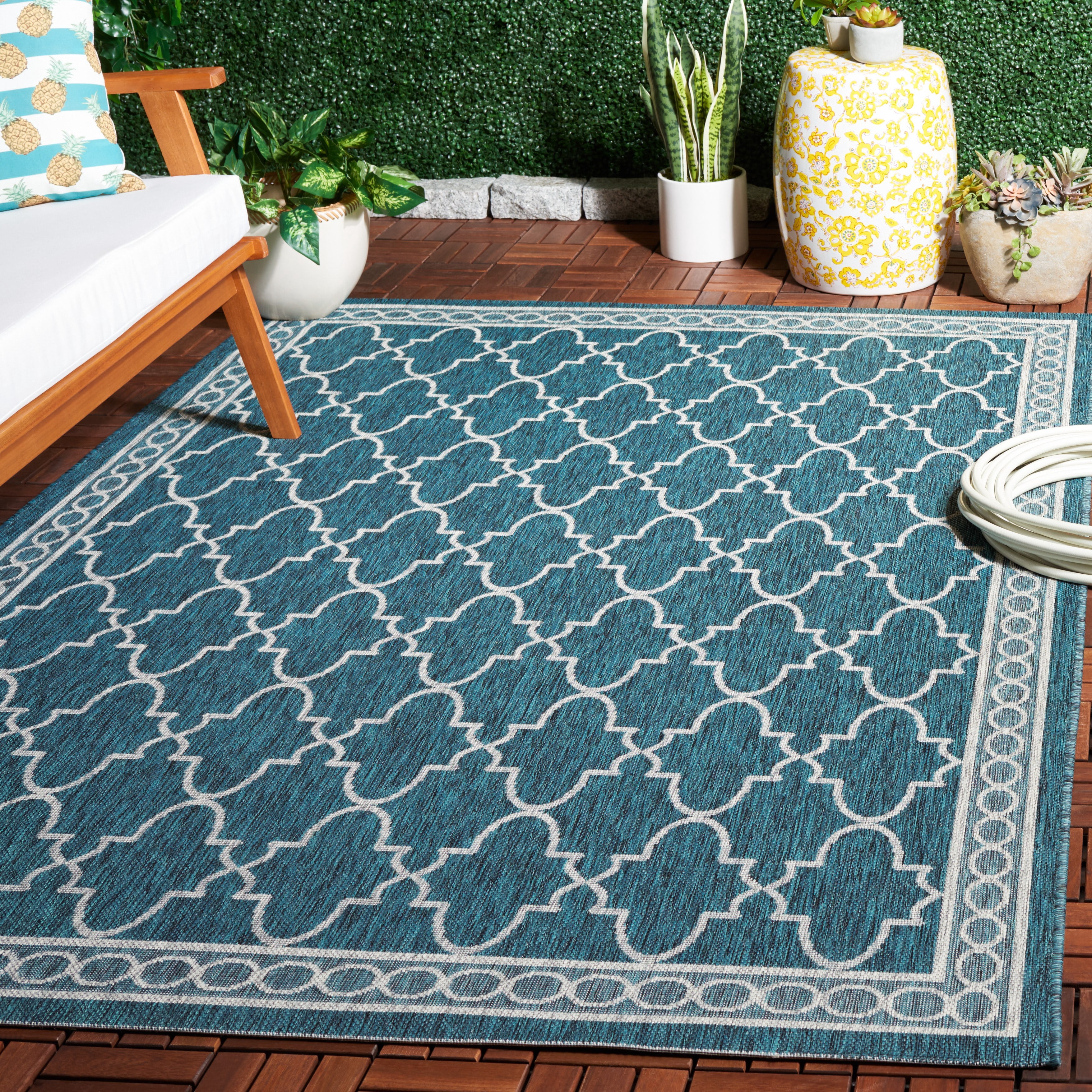 SAFAVIEH Courtyard Zavier Geometric Indoor/Outdoor Area Rug, Blue/Grey, 5'3" x 7'7"