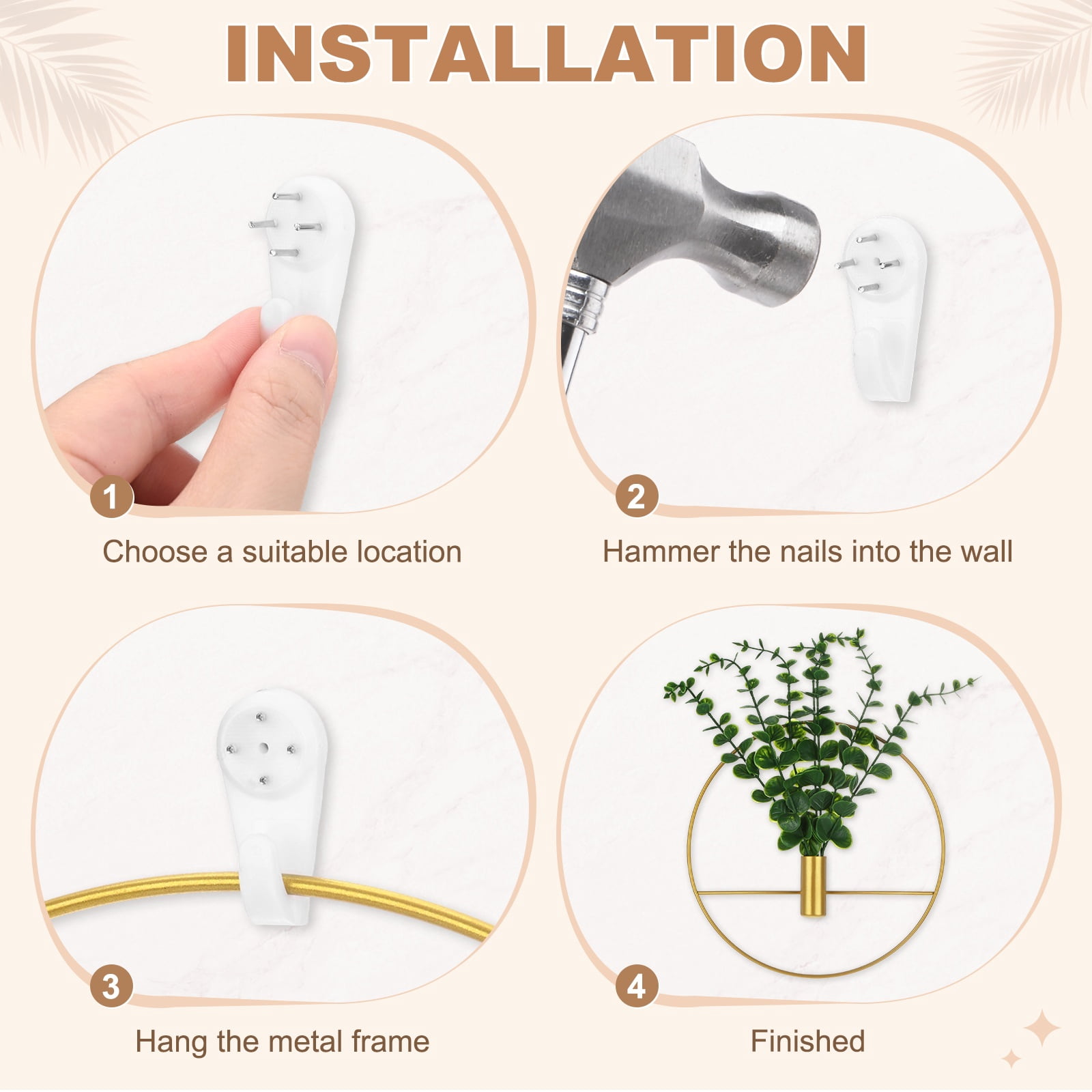 Uxcell 2 Set Plant Wall Decor, Hanging Planters with Artificial Eucalyptus Metal Hanging Vase Round Shape for Room [Golden]