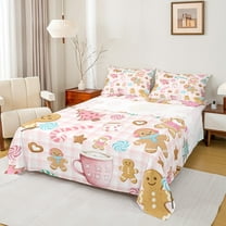 Castle Fairy Gingerbread Man Girl 3pcs Twin Sheet Sets,Geometric Plaid Twin Fitted Sheet,Merry Christmas Breathable Flat Sheet,Breathable Home Decor