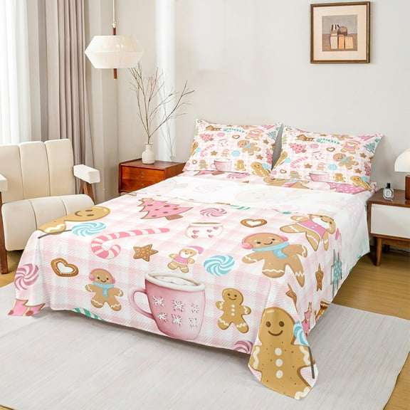 Castle Fairy Gingerbread Man Girl 3pcs Twin Sheet Sets,Geometric Plaid Twin Fitted Sheet,Merry Christmas Breathable Flat Sheet,Breathable Home Decor
