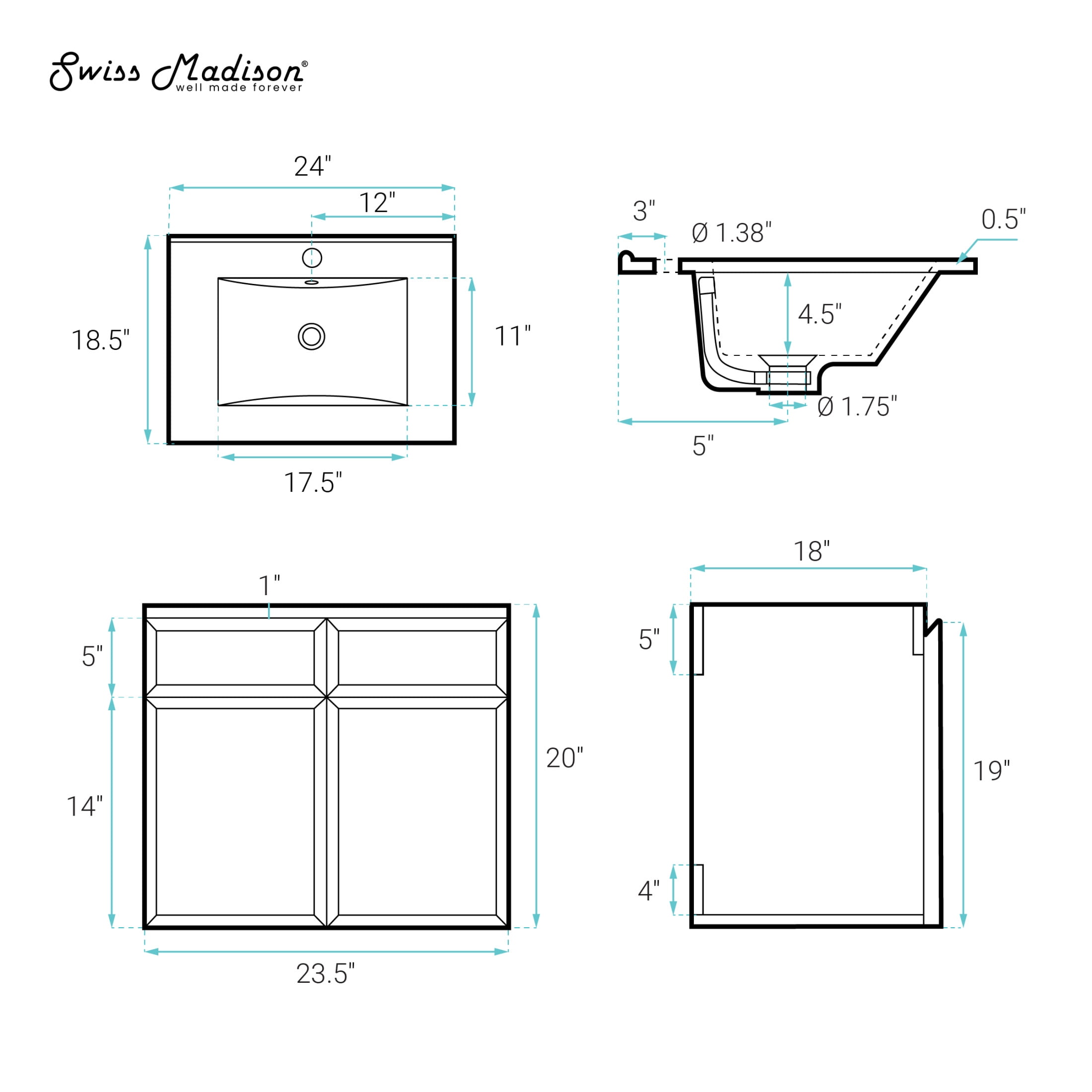 St. Tropez 24" Wall-Mounted Bathroom Vanity in Brown Oak with Sink Top