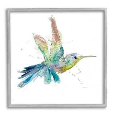 Stupell Industries Contemporary Hummingbird Animal Minimal Rainbow Watercolor Modern Painting Gray Framed Art Print Wall Art, 12 x 12, Design by Carol Robinson