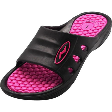Norty Girls Summer Comfort Casual Slide Flat Strap Shower Sandals Slip On Shoes - Runs One Size Small, 40333 Black-Fuchsia /
