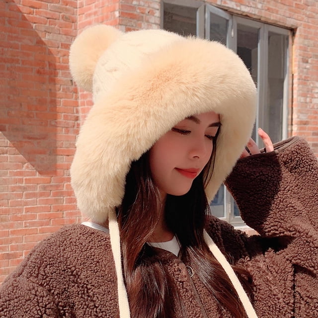 Beige Scarf ,Hat,& Gloves Ladies Winter Knitted Wool Cap Three Ball Pullover Cap Fleece Warm Ear Protection Hat