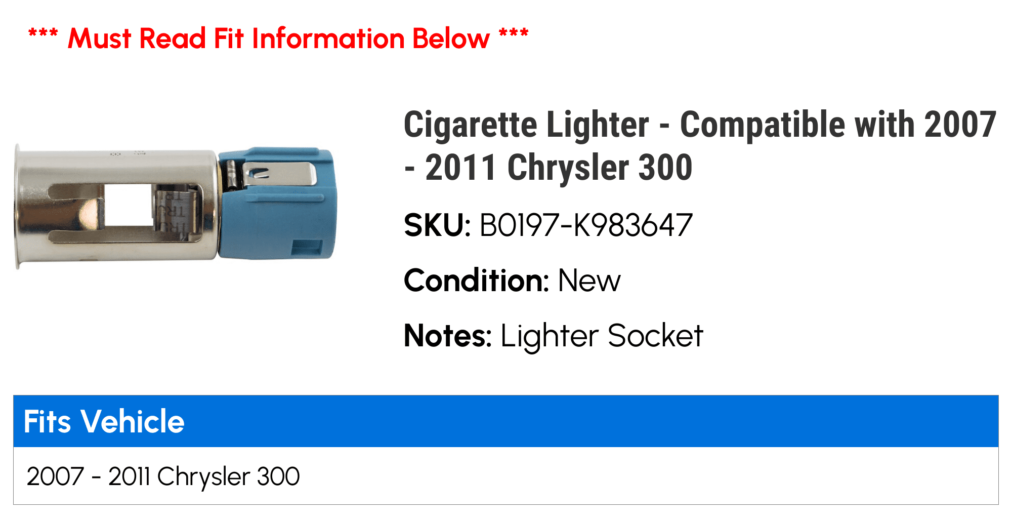 chrysler 300 cigarette lighter Cigarette Lighter - Compatible with 2007 - 2011 Chrysler 300 2008 2009 2010