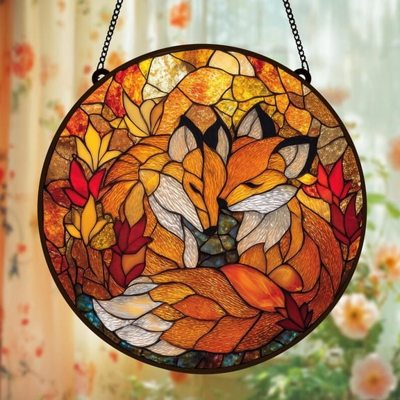 Snuggling Foxes Glass Suncatcher, Autumn Leaves Faux Art Cozy Woodland Wildlife, 3.5 in