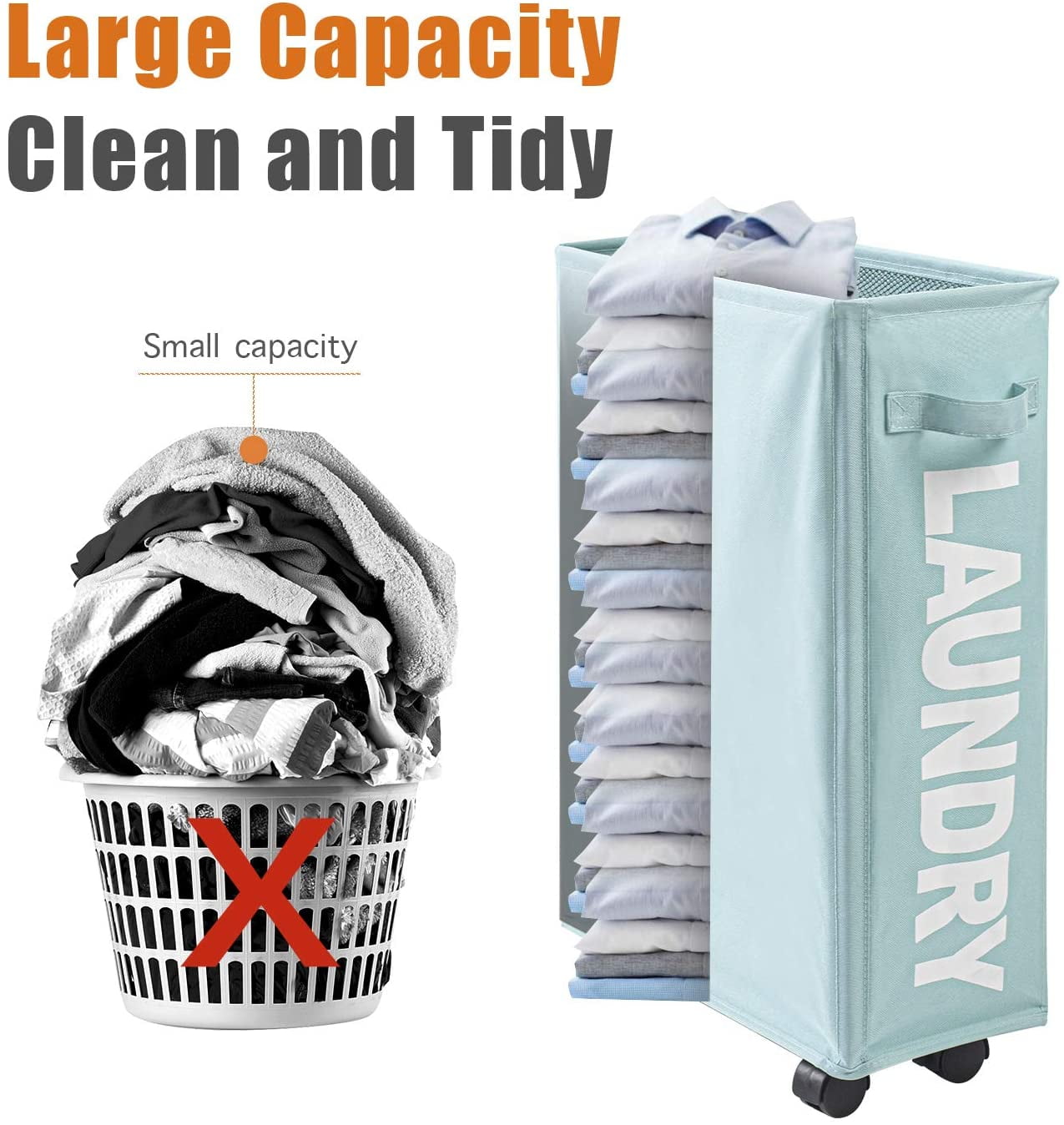 Slim Laundry Basket with Leather Handle on Wheels (4 Colors), Foldable