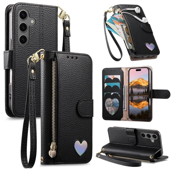 Wallet Case for Samsung Galaxy A36 5G with Credit Card Holder & Wrist Hand Strap & Zipper Pocket, Magnetic Clasp PU Leather Shockproof Flip Stand Protective Cover for Samsung Galaxy A36 5G, Black