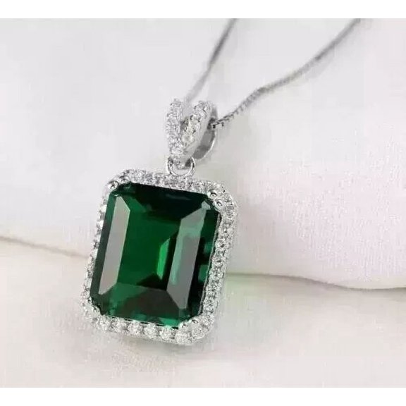 3Ct Emerald Cut Lab Created Green Emerald Halo Pendant 14K White Gold Plated 18''