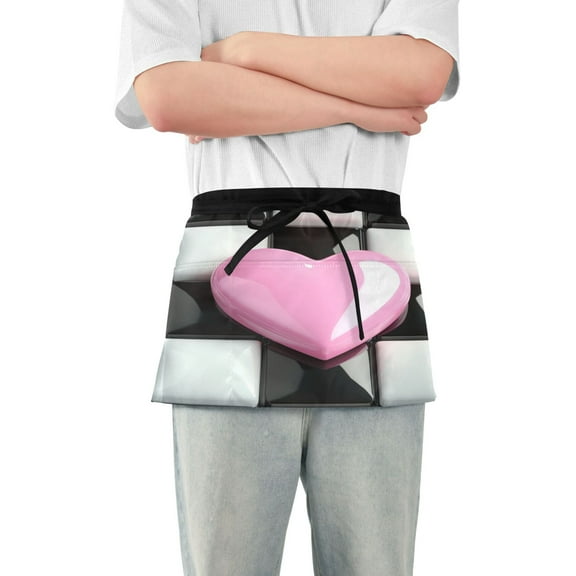 Pink Heart with Checkered Server Apron with 3 Pockets Waterproof Waitress Waist Short Apron for Man Woman 12 Inches
