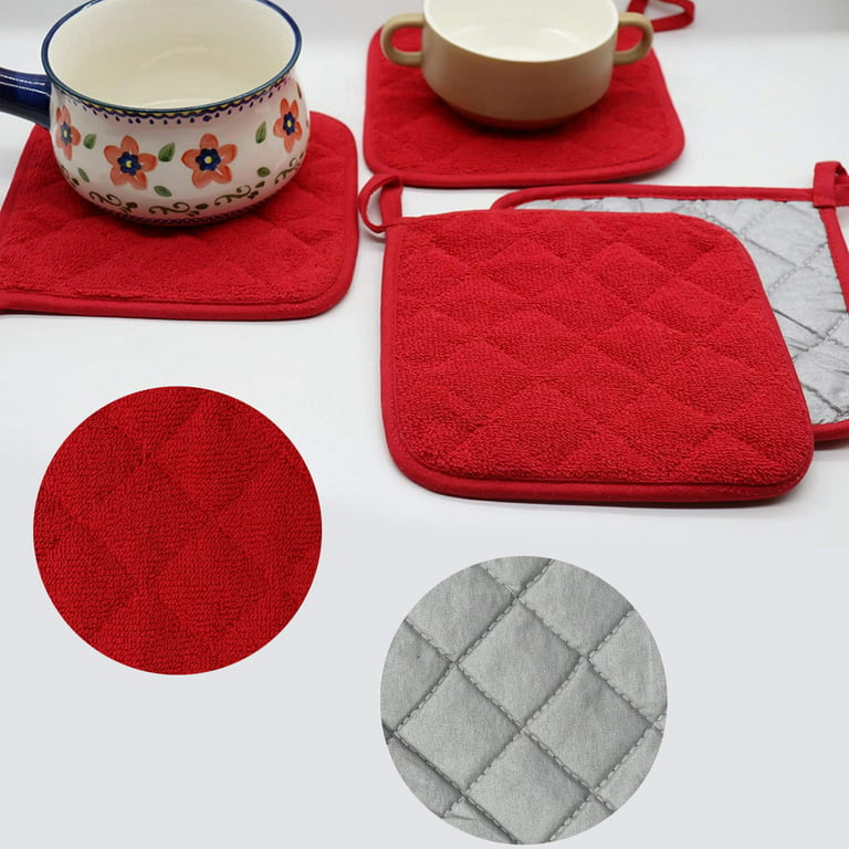 4 Pack Square Pot Holders, Cotton Heat Resistant Hotpads for Cooking Kitchen,  Pot Holder Set for Baking Camping- Red 