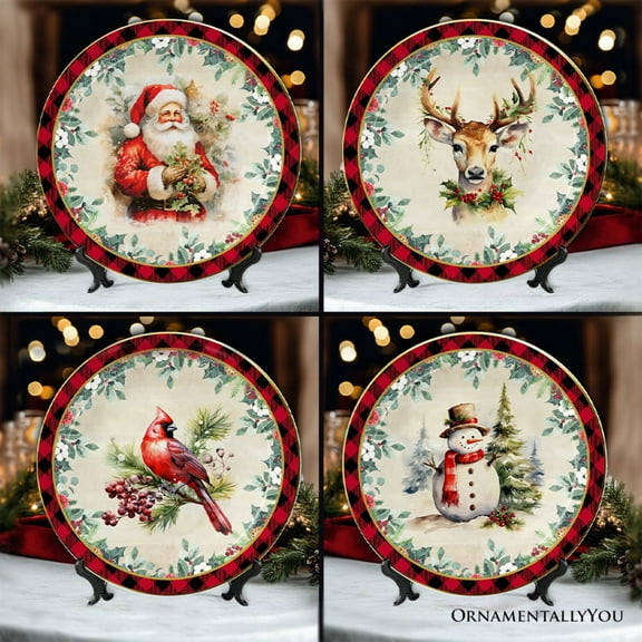 Holiday Cheer Set of 4 Plates with Real Gold Plaid Trim, Christmas Tableware Collection for Salad, Dessert, Appetizer, and Side Plates