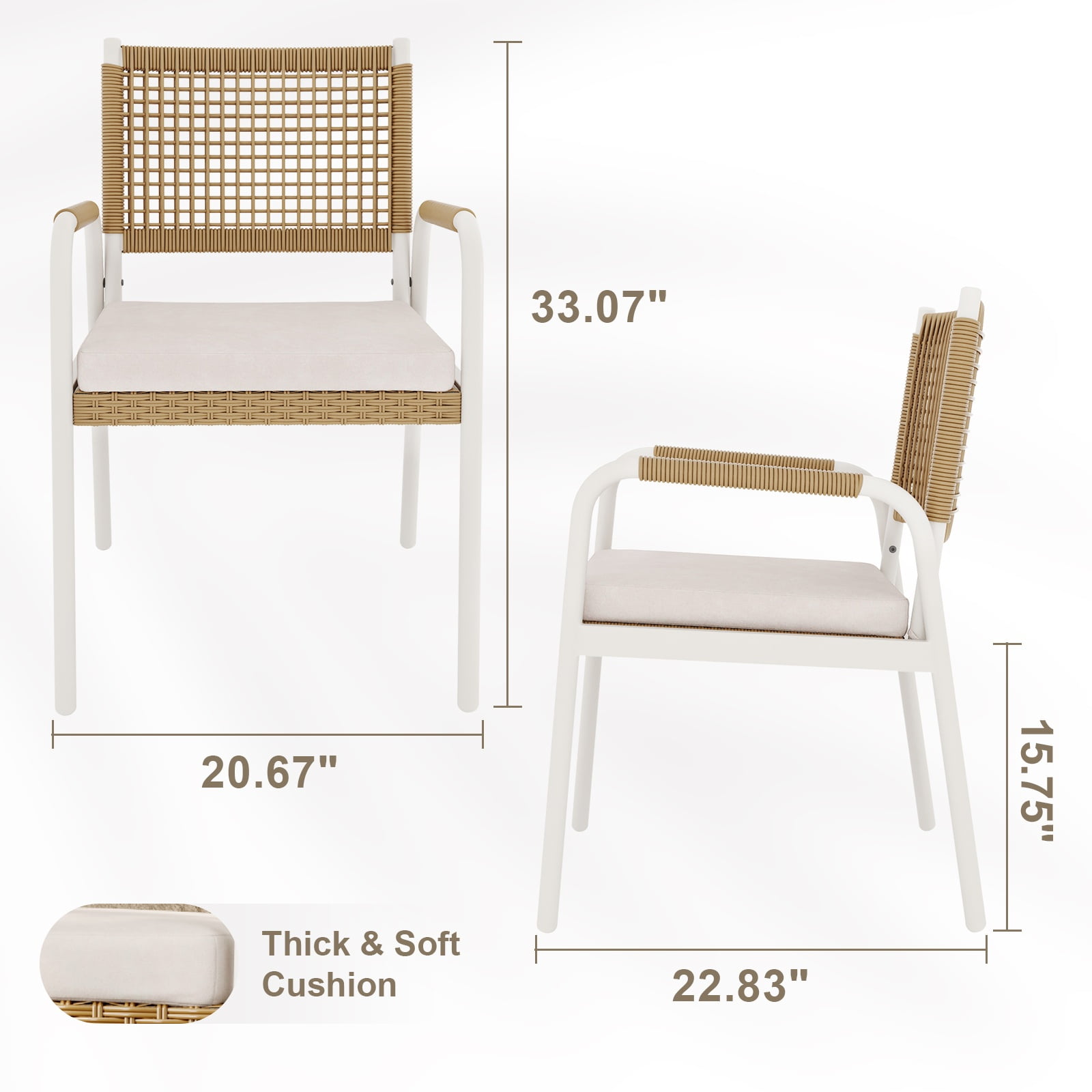 Riedhoff Outdoor Patio Dining Chair Set of 2, with 1.18" Cushions and Armrest, White/Brown