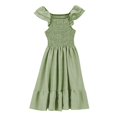 thumbnail image 4 of Inglocry Girls Summer Dresses Cute Double Layer Ruffle Sleeve Solid Color Smocked Flowy Dress 6-15 Years Green 5-6Y, 4 of 6