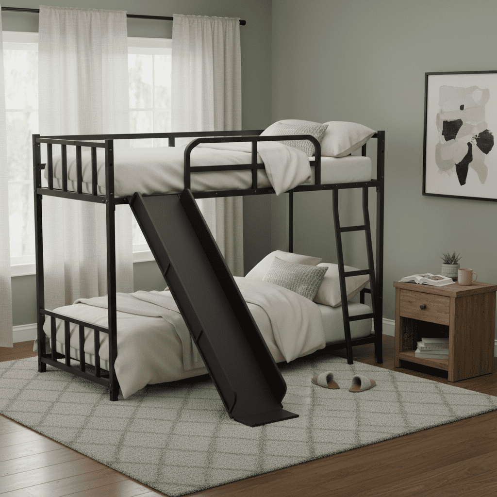 Bunk Bed 78.7 Inch, Metal Bed Frame with Ladder and Slide for Kids, Space-Saving Twin Bed for Children's Bedroom, Black
