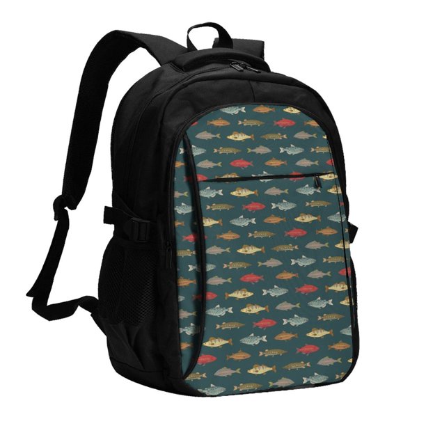 Balery River Freshwater Fish Mochila con carga USB para hombre y mujer - Mochila impermeable y antirrobo para portátil con puerto USB para viajes, trabajo, estudios y universidad