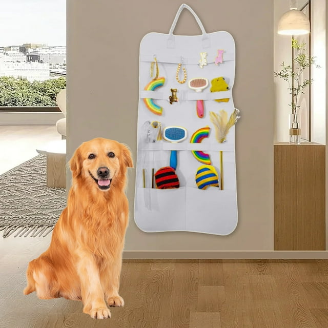 Bolsa de almacenamiento de juguetes para gatos, organizador de montaje en pared, soporte plegable de cuero para suministros para mascotas con múltiples bolsillos para varitas teaser, S y