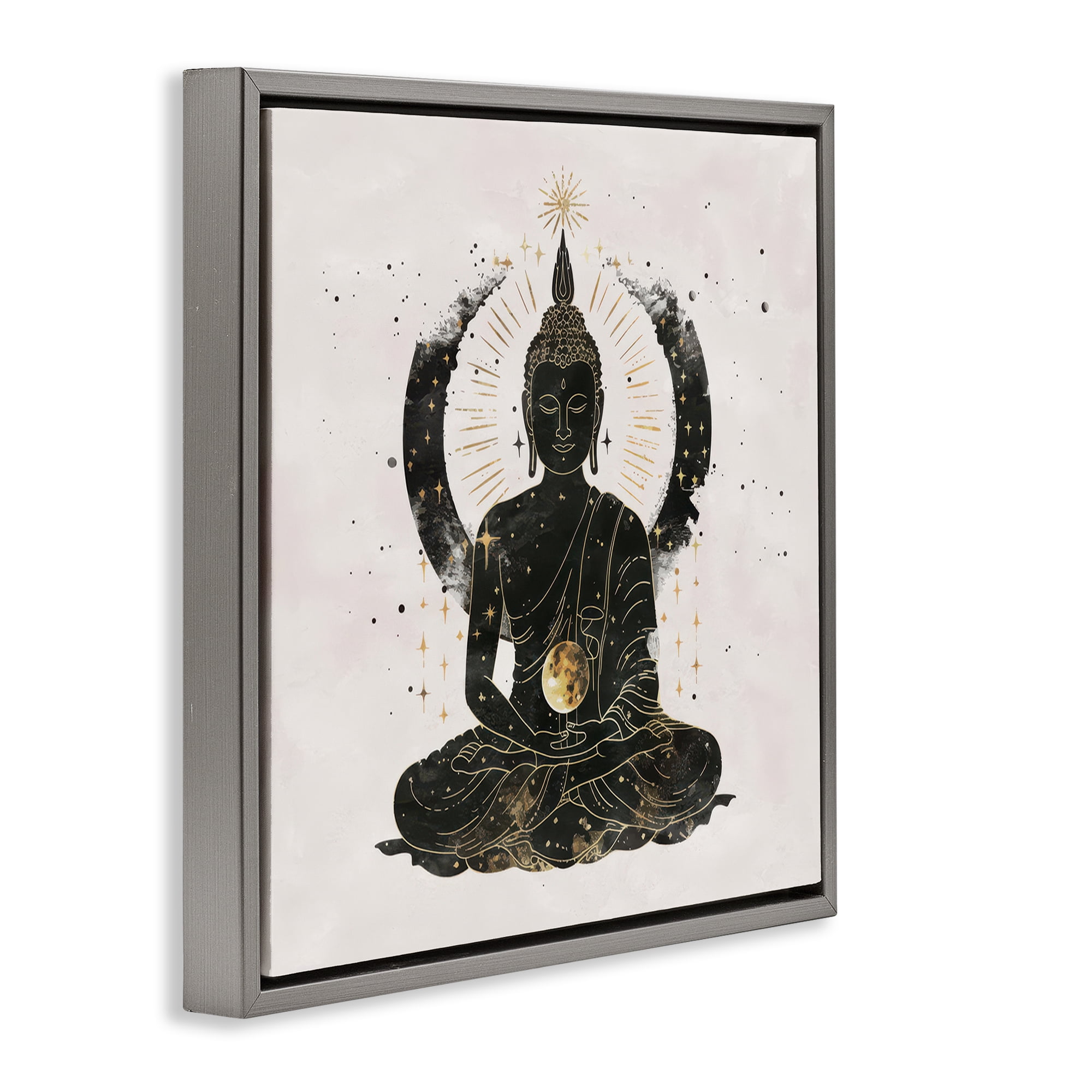 Stupell Industries Sitting Buddha Sun Rays Religious & Spiritual Painting Gray Floater Framed Canvas Art Print Wall Art, 18 x 18