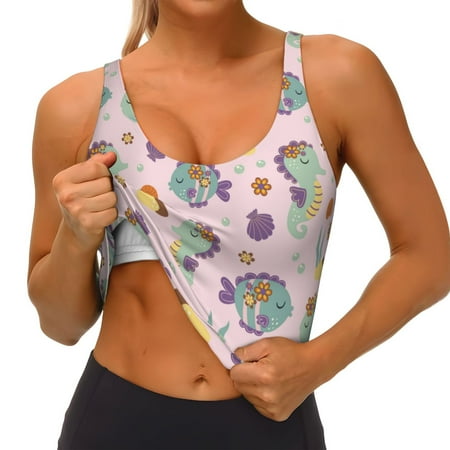 Qokaie Fish Seahorse Pattern Womens Scoop Neck Sports Bra Breathable Workout Vest Padded U Back Medium Impact Fitness Gym Yoga Bra Workout Crop Top