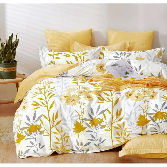 Flowers Pattern Printed Reversible Duvet Cover Sets Yellow and White Botanical - Twin