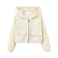 thumbnail image 3 of Y-Sunset Girls Solid Corduroy Hooded Zip Up Jacket, Elastic Hem Cropped Toddler Outerwear， Wind Resistant Kids Coat for Fall Daily Outdoor Travel Camping Wear(Beige/12-13 Years), 3 of 7