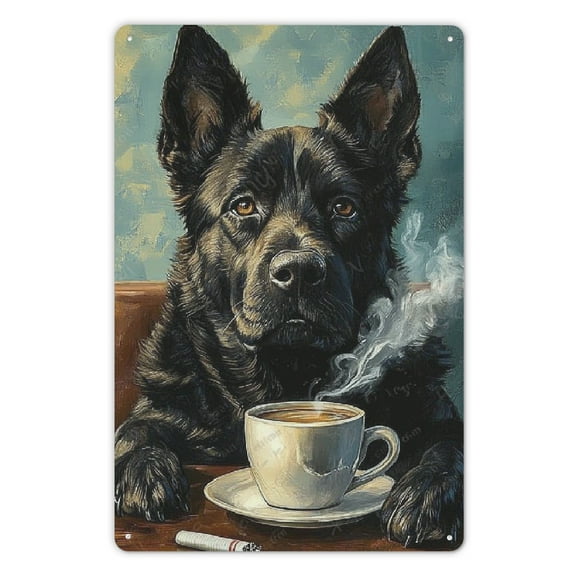 Vintage Metal Tin Sign Black German Shepherd Dog Coffee Theme Rustic Wall Art Retro Decor for Kitchen Home Cafe Bar Iron Plaque Print 8x12inch